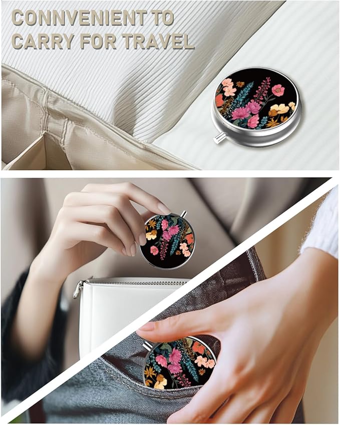 Pill Box, 3 Compartment Portable Travel Medicine Box with Mirror, Compact and Cute, Fits in Purse and Pocket, Medicine and Vitamin Organizer (Flower Bed)