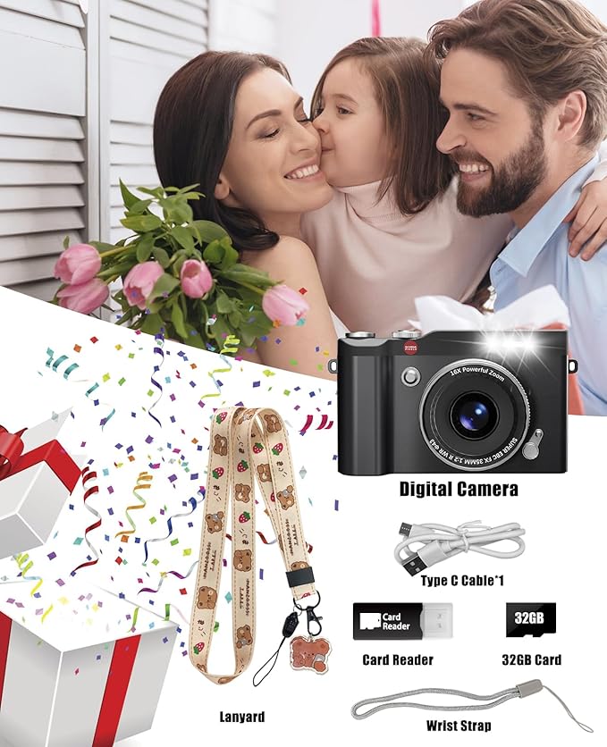 Kids Camera 64MP 1080P Digital Camera with Flip Screen 32GB SD Card Toys for Girls 3-12 Year Old Boys and Gifts