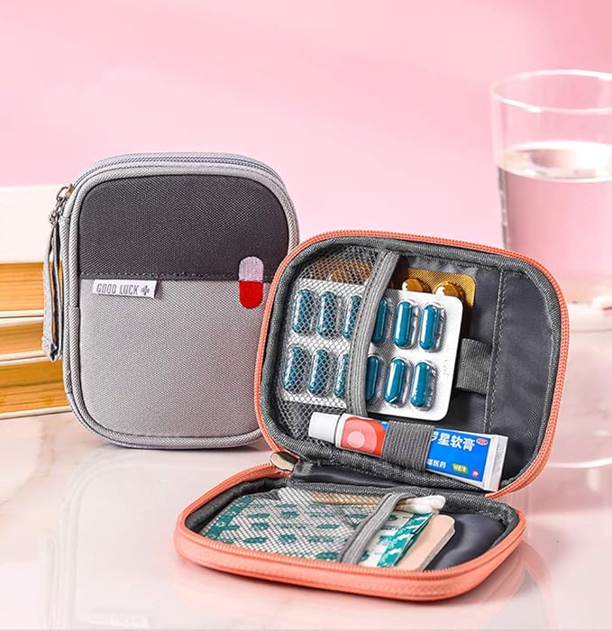 First Aid Kit Bag Empty Travel Medication Pouch Mini Zippered Oxford Medical Survival Kit Carrier Handy Medicine Pills Drugs Package Organizer with 3 Pocket+1 Main Holder-5.5x4.3x0.8Inch (3Pack-S)
