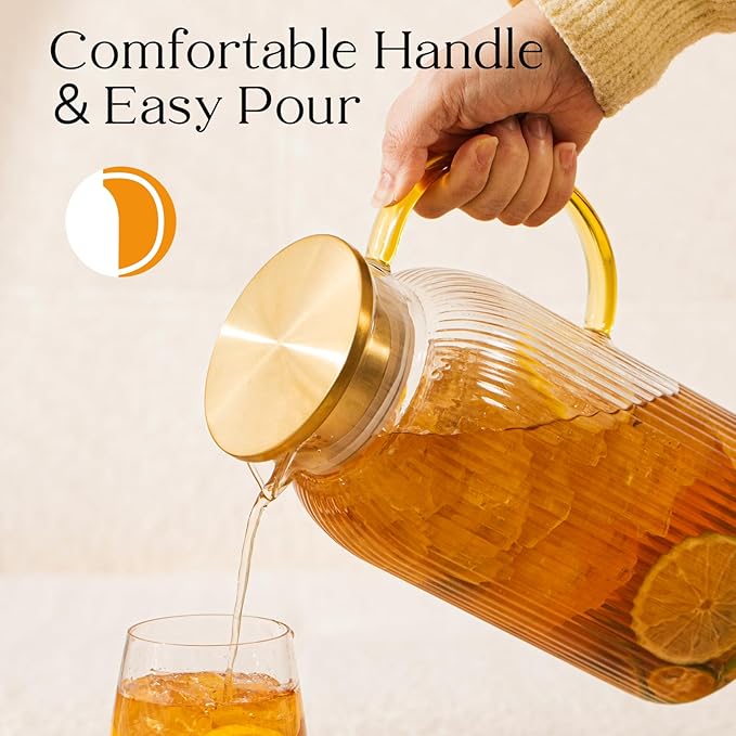 OneDream 2 Pack Glass Pitcher with Lid, 68 oz Heat-Resistant Borosilicate Glass Water Pitcher, Wide Mouth Round Glass Pitcher with Handle, Leak-Proof Silicone-Edged Lid, for Iced Tea, Coffee, Juice