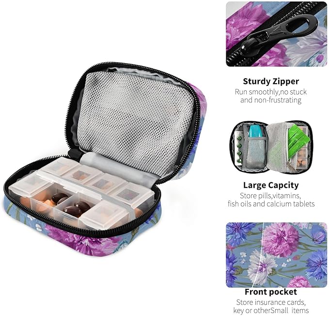 Pink Purple Cornflower Travel Pill Organizer Case Box Container Weekly Portable Vitamin Medicine Holder Storage Bag with Zipper Removable
