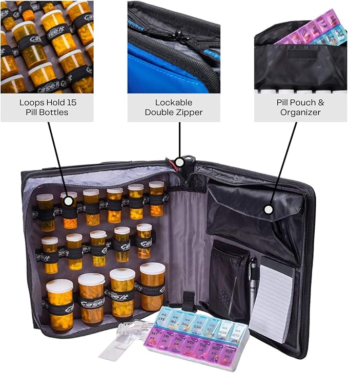 Med Manager Deluxe Medicine Organizer and Pill Case, Holds (15) Pill Bottles - (11) Standard Size and (4) Large Bottles, Light Blue, 13 inches x 13 inches x 4.5 inches