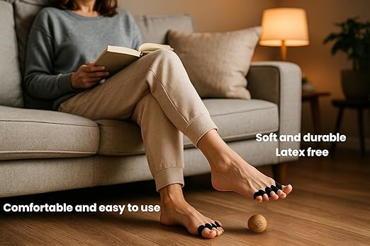 NINTI Toe spacer kit with resistance band and massage ball - Includes silicone toe separators, toe resistance band, cork massage ball, and cotton bag. Improve toe splay, bunion corrector.