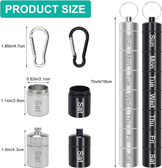Small Portable Pill Case Keychain for Travel, AngleKai 2 Pack Pill Organizer Box, Waterproof Tablet Container Weekly Medicine Bottle Organizer (Black and Silver)