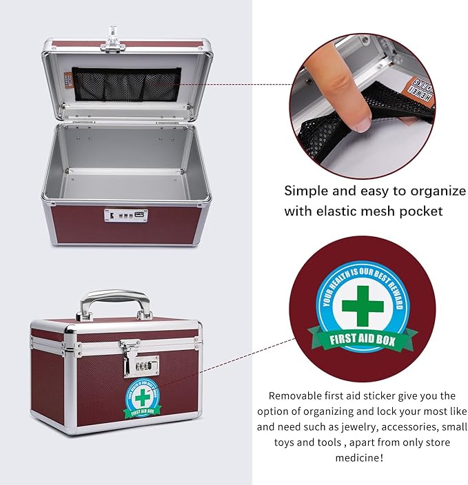 Locking Medicine Box with Portable Storage Case, 10.2''x 6.8''x 6.8'', Childproof Medication Lock Organizer, Lockable Box for Money, Documents & Meds (Brown/Small)