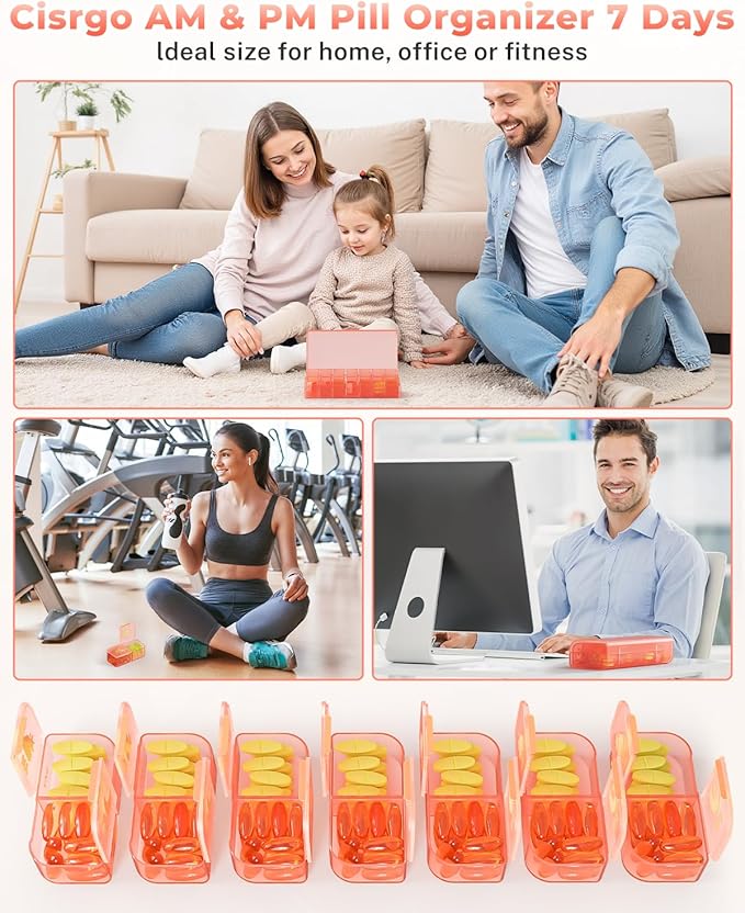 Weekly Pill Organizer 2 Times a Day, 7 Day AM/PM Pill Box, Portable Medication Dispenser with Child-Resistant Latch, BPA-Free, Travel, Office, Pets, Emergency Use (Pink)
