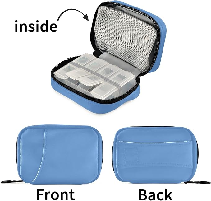 Pill Box 7 Day Pill Case Travel Pill Organizer Bag with Zipper Portable Weekly Case Compact Size for Vitamin Supplement Holder, Solid Color Sky Blue