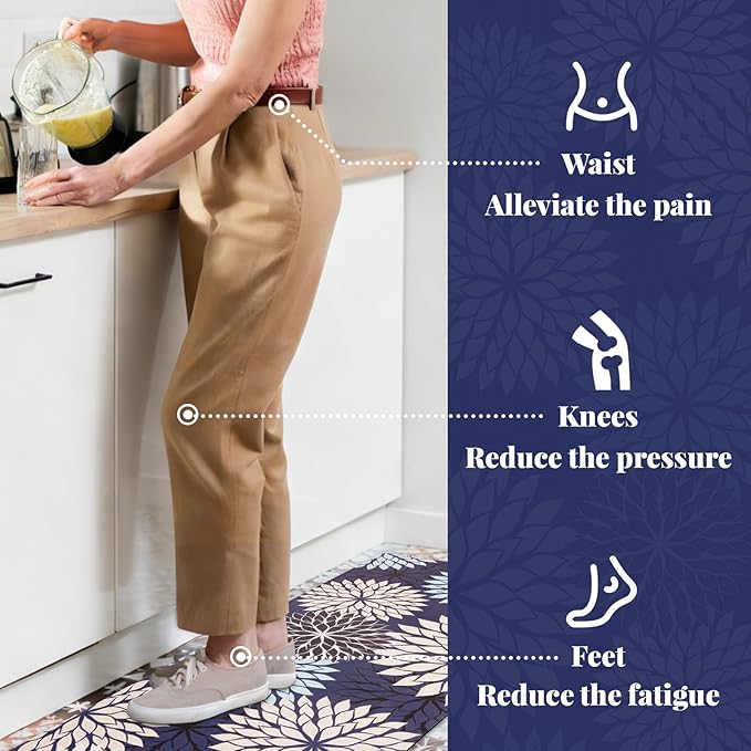 PVC Anti-Fatigue Kitchen Mats Set of 3, Non-Slip Kitchen Rugs, Comfort Standing Runner Rug, Multipurpose Indoor Mats for Laundry, Office, Bedroom, Sink, Bathroom, Dark Blue