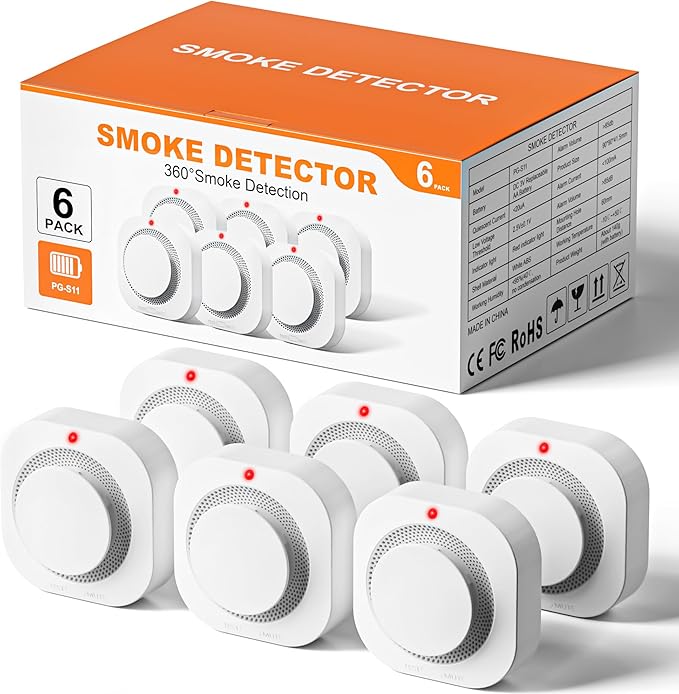 Smoke Alarm Fire Detector,Battery Operated Photoelectric Smoke Detector with Test Button and Low Battery Warning, Fire Alarms Smoke Detectors for Home, 6 Pack