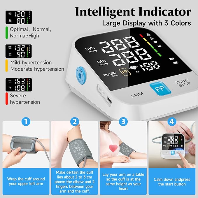 Blood Pressure Monitor for Home Use with Upper Arm Wide Range Cuff (8.7-15.7 Adjustable) & LED Display, Automatic Digital BP Machine Storage Bag, 240 Memories for 2 Users