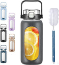 BLUEGO 64oz Glass Water Bottles with Straw Time Marker Half Gallon Large Motivational Water Bottle with Silicone Sleeve 2 Liter Large Glass Water Jug for Gym, Sports& Workout, Daily, Dark Grey