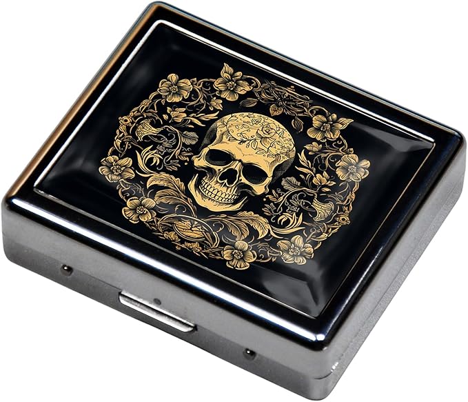 Silver Vintage Pill Box 7 Day Metal Pill Box with Mirror and 8 Compartments Cute Travel Pill Organizer for Purse (Art Flower Skull)
