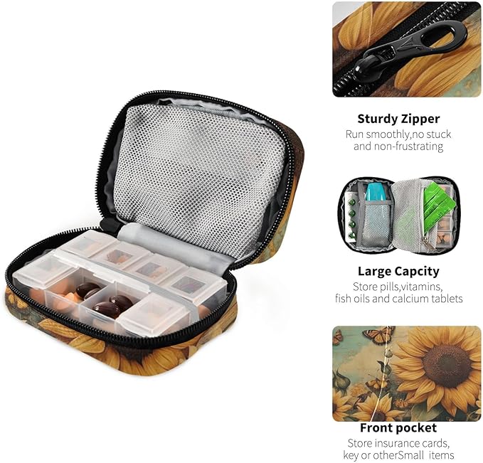 Travel Pill Case Sunflower Sky Weekly Small Pill Box 7 Day Pill Box Pill Organizer Bag