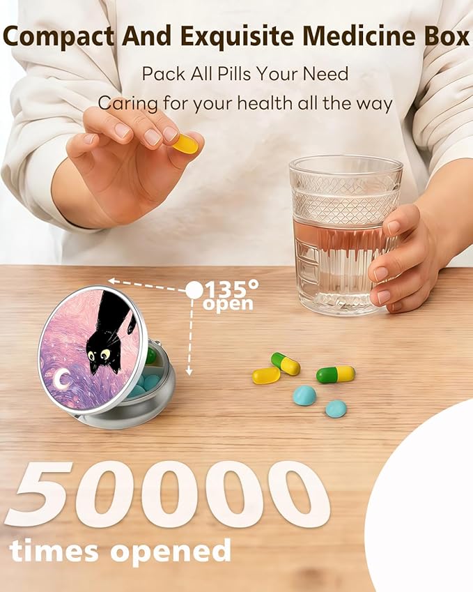 LRITER Pill Case, Portable Travel Pill Box, Pillbox Organizer, Cute Small Medicine Storage Container, Purse Accessories for Women, Men (Pink Starry Sky Cat)