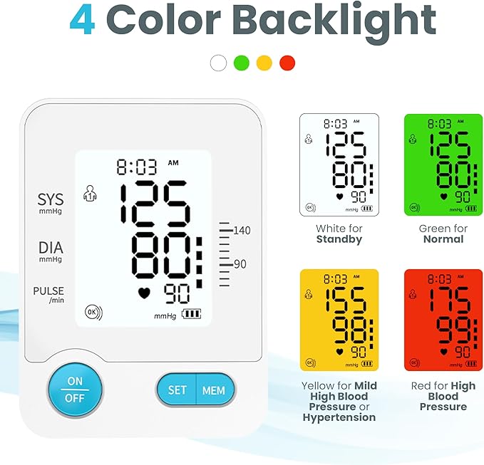 Blood Pressure Machine - Automatic Blood Pressure Monitor for Home Use - Large 4 Color LCD Screen and Adjustable Large Cuff for Reliable Readings - Irregular Heartbeat and Hypertension Detection