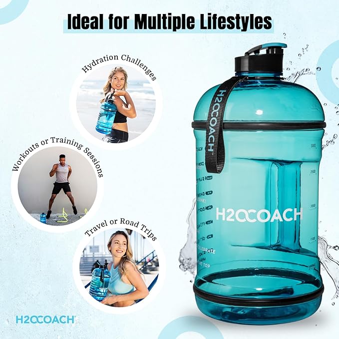 H2OCOACH 1 Gallon Hydration Jug with Time Marker & Measurements, BPA-Free Tritan Sports Drink Container, Motivational Daily Intake Tracker for Gym, Workout, & Fitness Routines (128 oz, Blue)