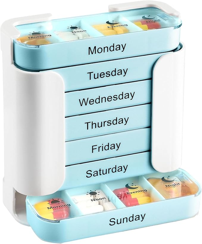 Stay on Track - 7-Day Medication Organizer, Weekly Pill Organizer, 7 Stackable Compartments Four Times-a-DayWeekly Individual Medicine Pill Boxes Cases Organizers with Large Compartments (Sky)