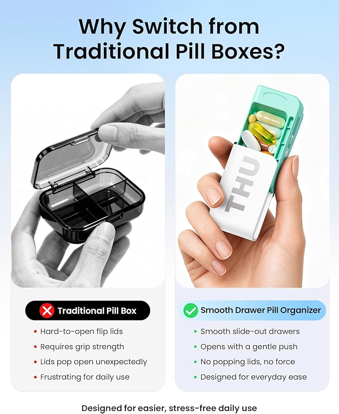 Daviky Weekly Pill Organizer 1 Time a Day, Travel Drawer-Style Pill Box for Daily Medication, 7-Day Pill Case, Compact & Portable, Ideal for Vitamins, Fish Oils & Supplements(White)