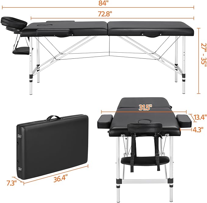 Yaheetech Aluminium 2 Folding Massage Table with Rolling Stool Portable Massage Bed Spa Bed Stool Adjustable Swivel Salon Chair Massage Therapy Table with Headrest & Armrest Black
