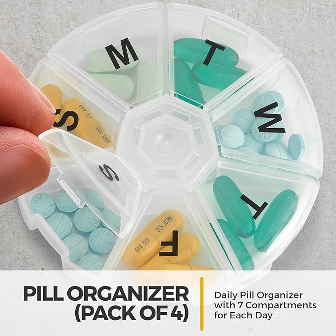 Large Weekly Pill Organizer - (Pack of 4) Daily Pill Cases, Round Pill Organizer 7 Day Container, Medicine Planner, Pill Reminder, BPA-Free for Pills Vitamins, Supplements, and Fish Oils