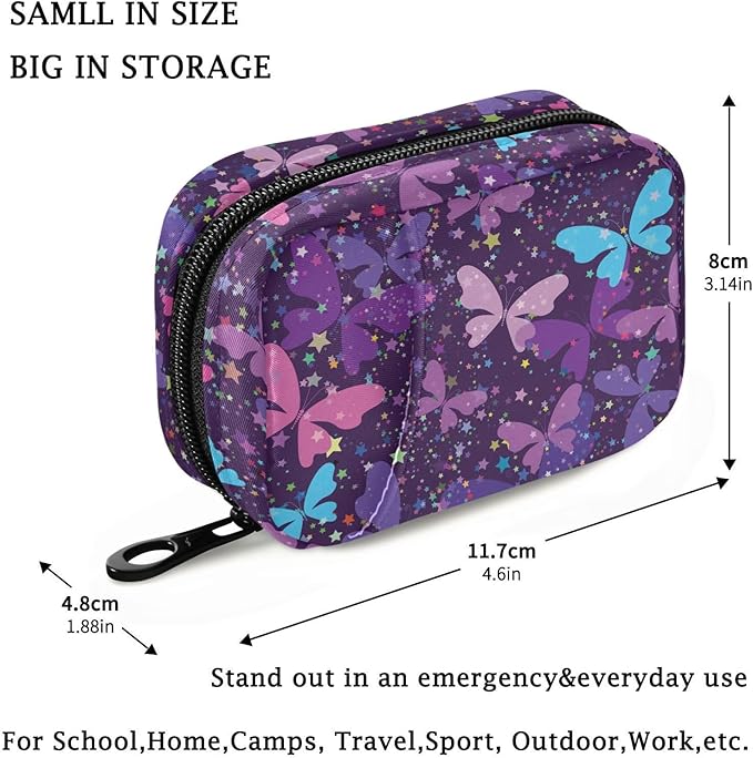 Fustylead Bright Fantasy Purple Butterflies and Stars Pill Organizer Case with Zipper 2 Times A Day for Vitamin and Supplement, 7 Day Travel Organizer Medicine Case