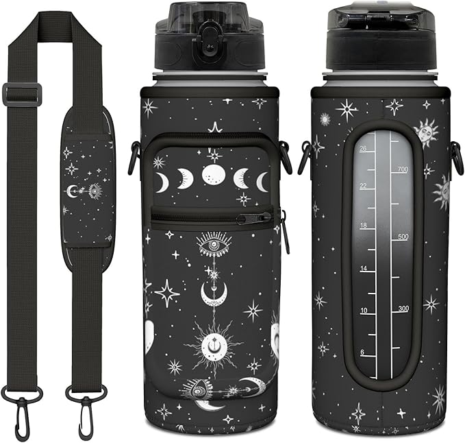 Goth Moon Half Gallon Water Bottle with Sleeve -Flip Top Bpa Free 32 OZ - Motivational Time Marker Leakproof Water Jug - Goth Gifts for Women - Halloween Gothic Moon for Gift