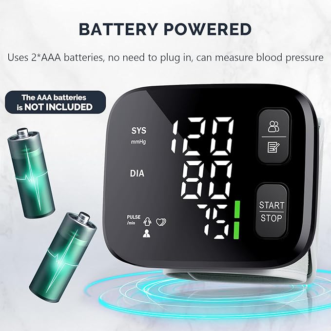 Blood Pressure Monitor LED Backlit Display Automatic Wrist Cuff Blood Pressure Monitors for Home Use 120x2 Reading Memory with Carrying Case, Black