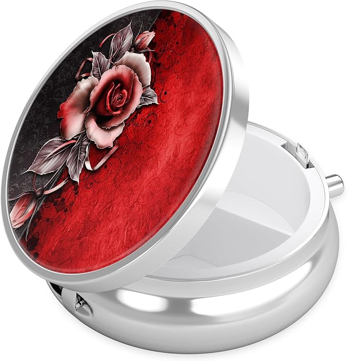 Vintage Rose Pill Case, Flower Pill Box 3 Compartments Metal Small Pill Holder with Mirror Mini Travel Pill Container for Purse Pocket Women Men