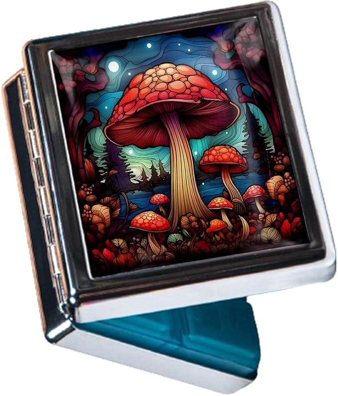 Cute Travel Pill Box Organizer with 8 Compartments - Compact and Fashionable Pill Case with Mirror - Ideal for Medications (Mushroom Fantasy)