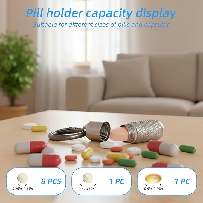 Small Pill Case Keychain Micro Keychain Pill Holder Mini Waterproof Metal Emergency Medicine Organizer Container Portable Carabiner Clip Medicine Bottle for Outdoor Camping Travel Purse Pocket