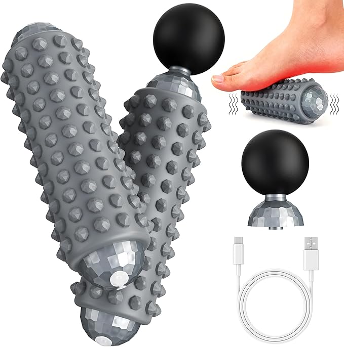 Mini Electric Massage Roller 4 Speeds Vibrating Massage Ball, 2-in-1 Portable Muscle Massager Gun & Roller for Muscle Relief, Detachable Heads, Rechargeable, For Fitness, Office, Travel (Gray)