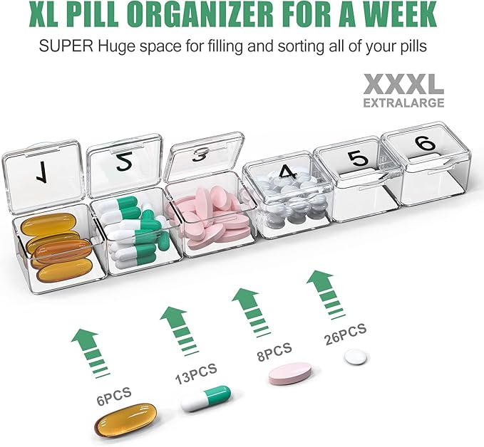 Monthly Pill Organizer - 30 Day Pill Box - Easy to Open - Large Compartments - Portable Case for Travel, Medicine Organizer for Vitamins (White)