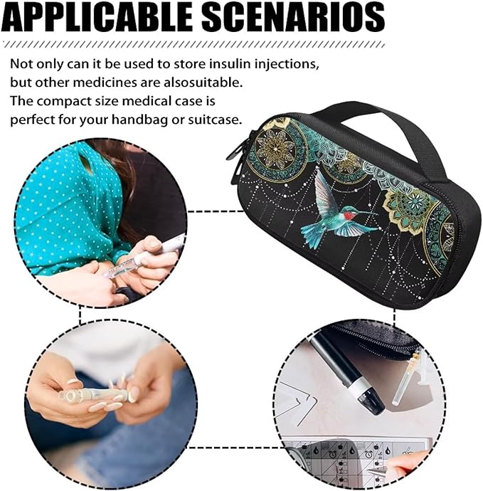 Bohemian Flower Hummingbird Insulin Pen Cooler Travel Case Diabetic Medication Insulated Cool Organizer for Insulin Pen and Other Diabetic Supplies for Travel Work Daily Life