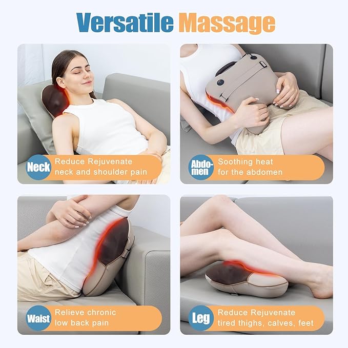 Shiatsu Neck and Back Massager with Heat, Back Massager for Pain Relief Deep Tissue, Massager for Neck and Shoulder Pain, Massage Pillow with Cover, Adjustable Straps & Portable Handle (No Battery)