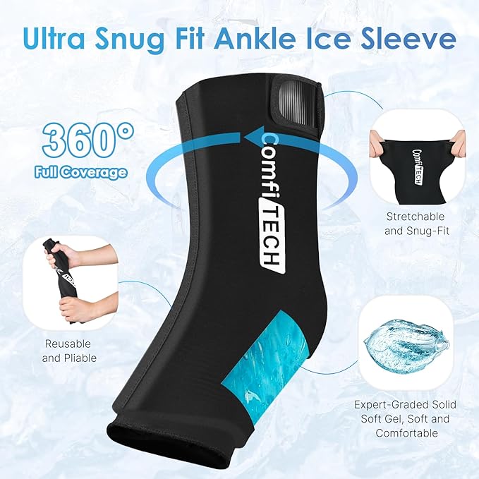Comfitech Ankle Ice Pack Wrap Sleeve with Large Opening, Reusable Gel Cold Pad for Foot and Heel, X-Large, 2 Packs