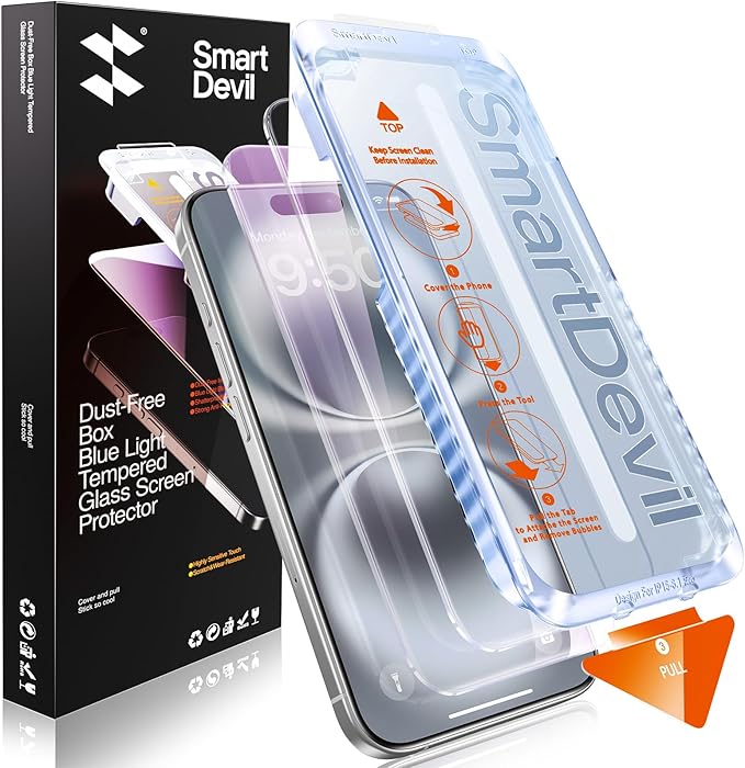 SMARTDEVIL 2 Pack for iPhone 16 Screen Protector (Anti-Blue Light) - Eye Protection, 9H+ High-Aluminosilicate Glass, HD Clear & Bubble-Free, Easy Installation