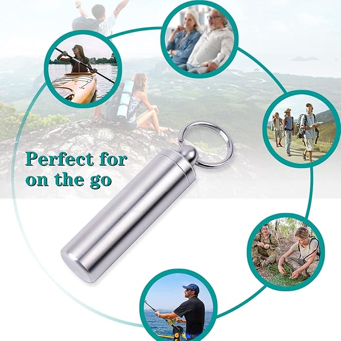 Pill Holder Keychain,Portable Waterproof Single Chamber Stainless Steel Pill Container,Small Pill Box Case for Outdoor Travel Camping - 2 Pack