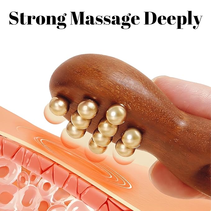 Sandalwood Facial Massage Roller with 12 Brass Beads, Wooden Y-Shaped Guasha Tool for Face, Eye, Nose, Ear Meridian Acupoint Massage