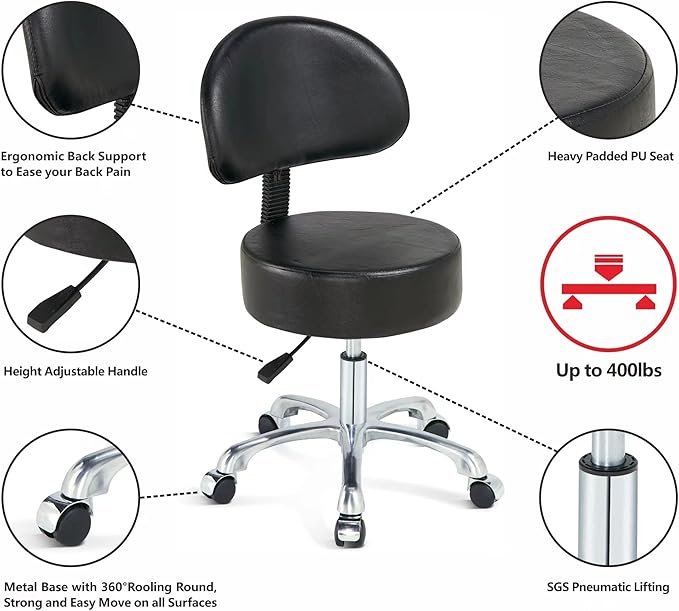 Round Chair with Back,Thick Sturdy Padding,Swivel Rolling Stool,Adjustable Stool with Wheels (with Back, Black)