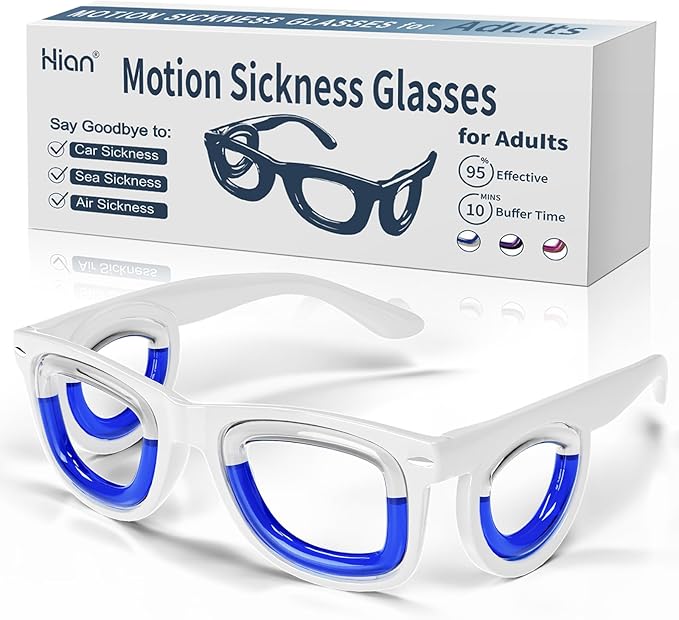 Hion Adult Anti- Motion Sickness Smart Glasses, Ultra-Light Portable Nausea Relief Liquid Glasses, Carsickness Airsickness Seasickness Glasses, Kids Travel/Cruise Essentials（White