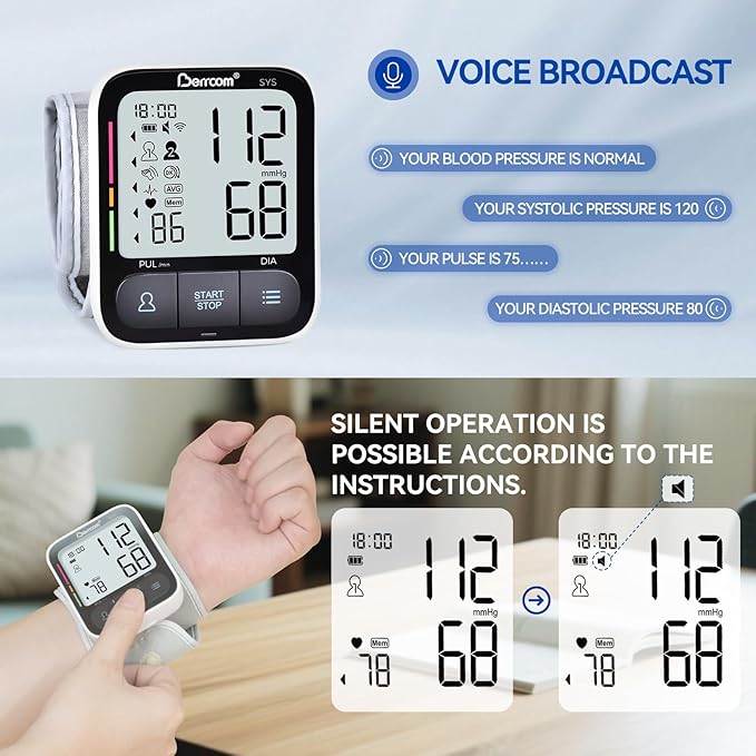 Berrcom Wrist Blood Pressure Monitor for Home Use, Automatic Digital BP Machine with Voice Broadcast, Large LCD Display, 2×120 Memory, Portable Case Included