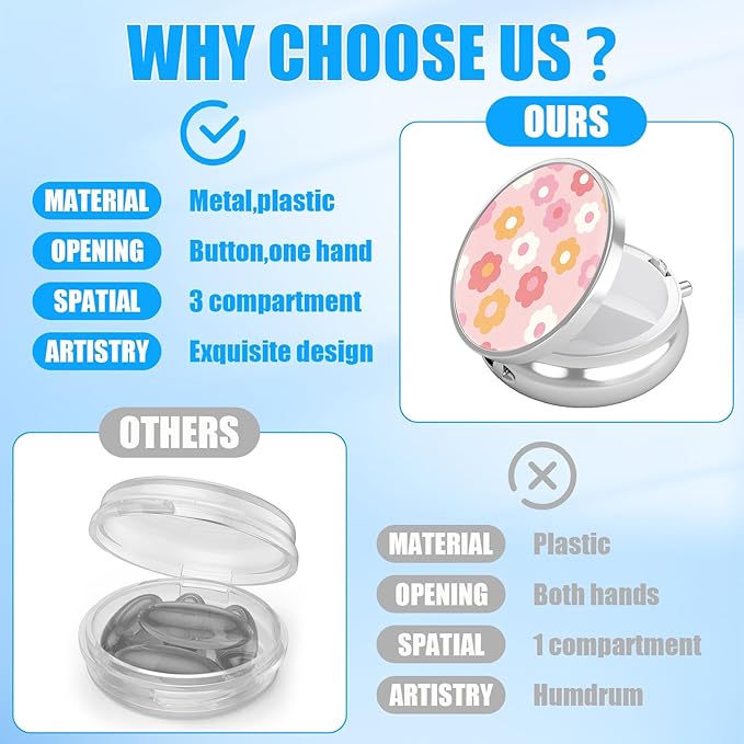 Pill Box, 3 Compartments Small Boho Pill Case Travel Portable Metal Medicine Box with Mirror Mini Container for Purse Pocket Women Men(Pink Groovy Flower)
