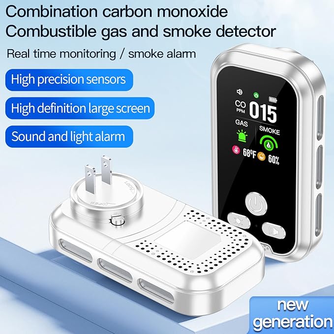 5in1 Plug in Carbon Monoxide Detector &Smoke & Combustible Natural Gas Detectors Combination Builti-in Battery HD Screen [Smoke CO Gas Temp Humidity Sensor] for Home Travel (2pcs,White)