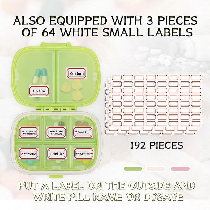 18 Pack Travel Pill Boxes Bulk Small Pill Case Portable Pill Organizer 8 Compartments Pill Box Dispenser Daily Vitamin Jewelry Organizer Travel Must Haveswith(Green with 192 Pcs Labels)