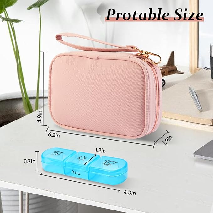 Weekly Pill Organizer 3x a Day, Travel Pill Box 7 Day for Purse, Daily Pill Organizer with Zipper Bag, Pill Dispenser Medicine Organizer for Vitamins, Fish Oils, Medications, Supplements(Pink, Medium)