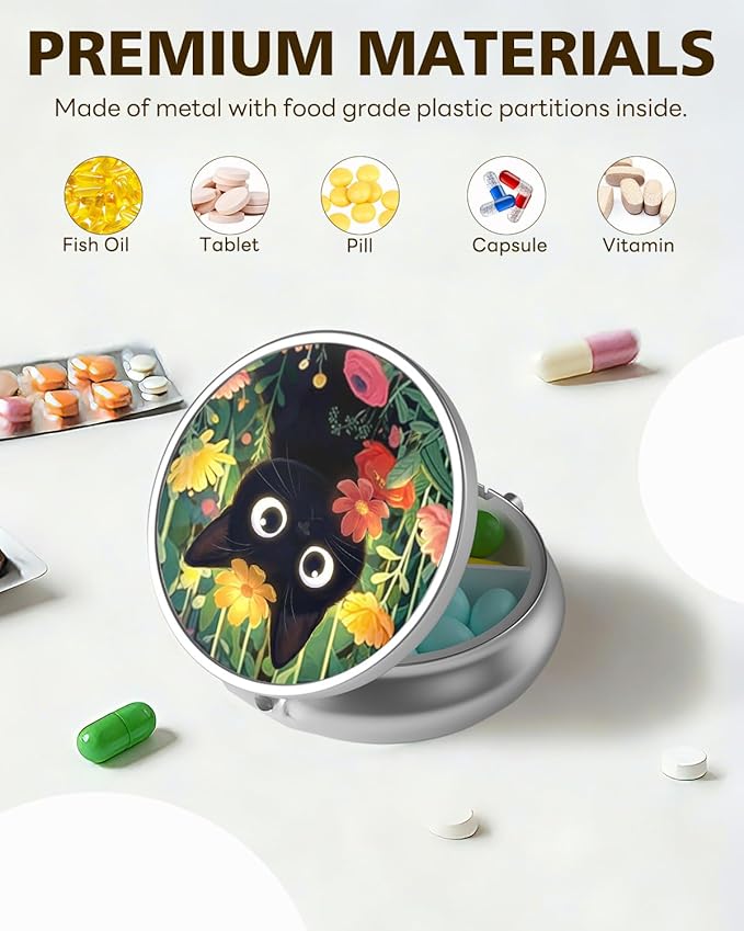 LRITER Pill Case, Portable Travel Pill Box, Pillbox Organizer, Cute Small Medicine Storage Container, Purse Accessories for Women, Men (Cute Cat)
