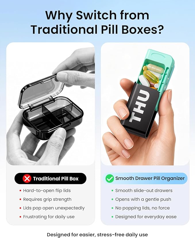 Daviky Weekly Pill Organizer 1 Time a Day, Travel Drawer-Style Pill Box for Daily Medication, 7-Day Pill Case, Compact & Portable, Ideal for Vitamins, Fish Oils & Supplements