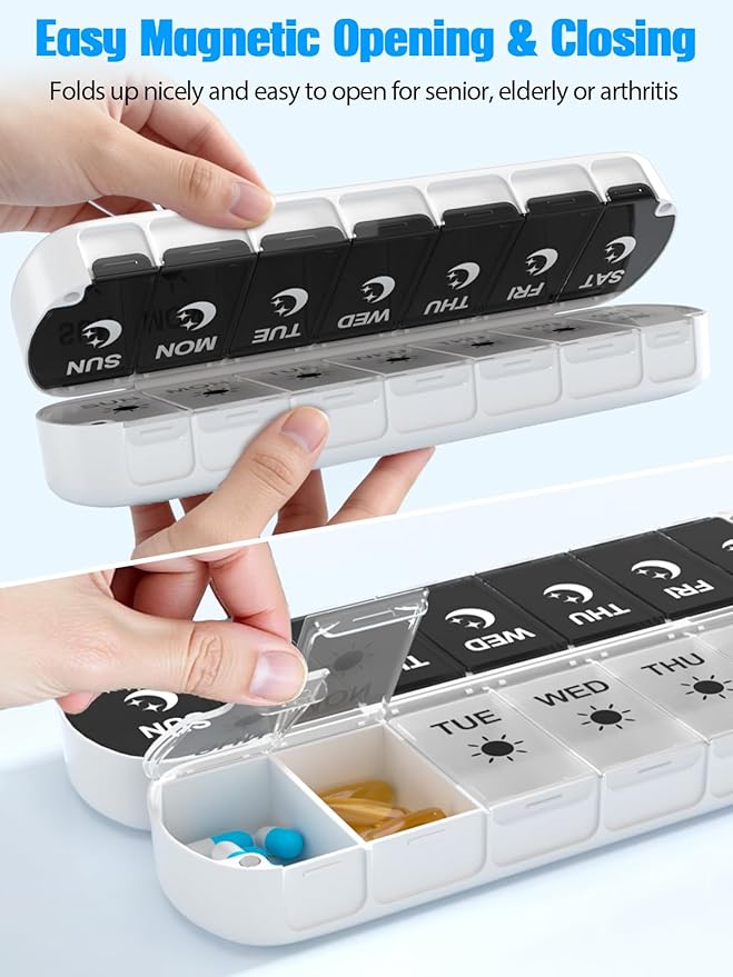 Gelibo Pill Organizer 2 Times a Day,Magnetic Foldable Weekly AM PM Pill Case, Large Travel Pill Box for Vitamins,Supplements,Medication Organizer 7 Day,Never Spill Pills,Easy to Open for Arthritis