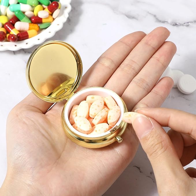 Sibba Portable Medicine Pill Case, Travel Multi-Functional Moisture Proof Pill Box for Purse & Pocket, Cute Metal Medicine Pill Organizer Box for Vitamins, Fish Oil & Supplements (Gold)
