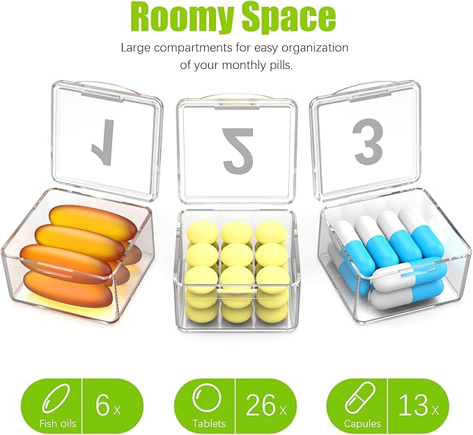 Monthly Pill Organizer Once a Day - 30 Day Pill Organizer Box - Easy to Open - Large Compartments Portable Case for Travel, Month Pill Cases Medicine Organizer for Vitamin (Clear)